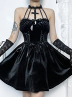 Velvet Corset Lace Cross Halter Cage Strap Lace Up Mini Dress