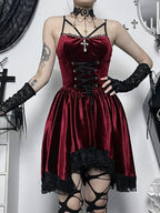 Velvet Lace Up Corset Scalloped Lace Trim Fit and Flare Mini Dress