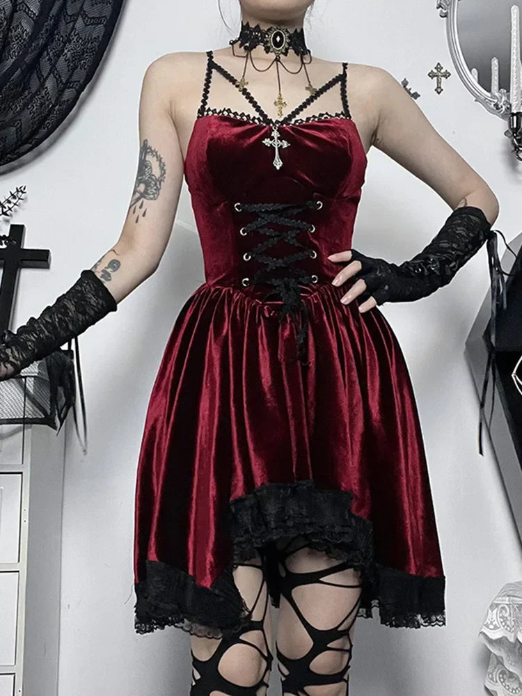 Velvet Lace Up Corset Scalloped Lace Trim Fit and Flare Mini Dress