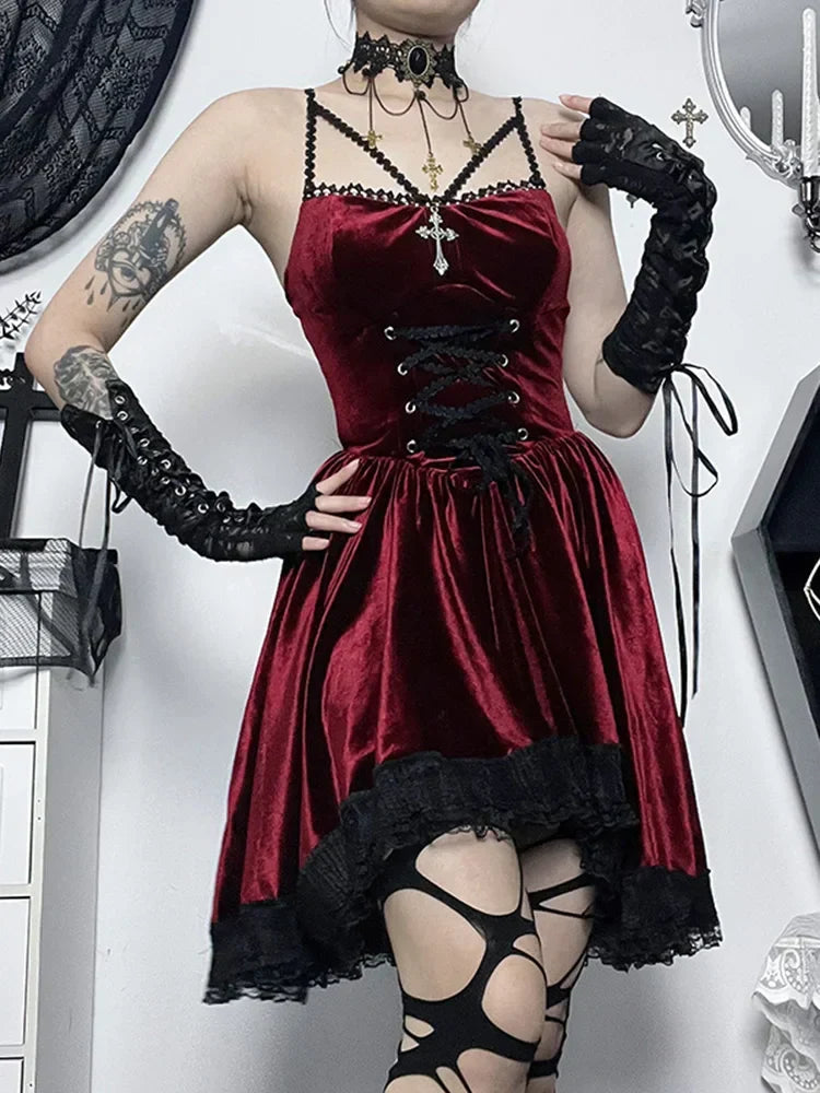 Lace Up Corset Spaghetti Strap Lace Trim Hi-Low Mini Dress
