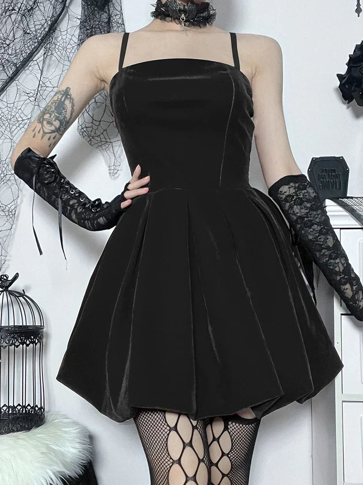 Velvet Square Neck Spaghetti Strap Pleated Bubble Hem Mini Dress