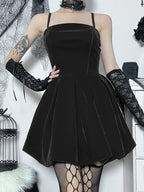 Velvet Square Neck Spaghetti Strap Pleated Bubble Hem Mini Dress