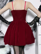 Velvet Square Neck Spaghetti Strap Pleated Bubble Hem Mini Dress