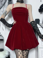 Velvet Square Neck Spaghetti Strap Pleated Bubble Hem Mini Dress