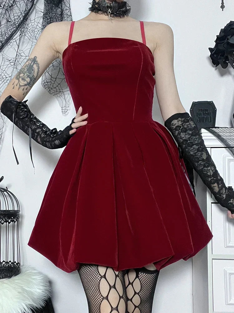 Velvet Square Neck Spaghetti Strap Pleated Bubble Hem Mini Dress