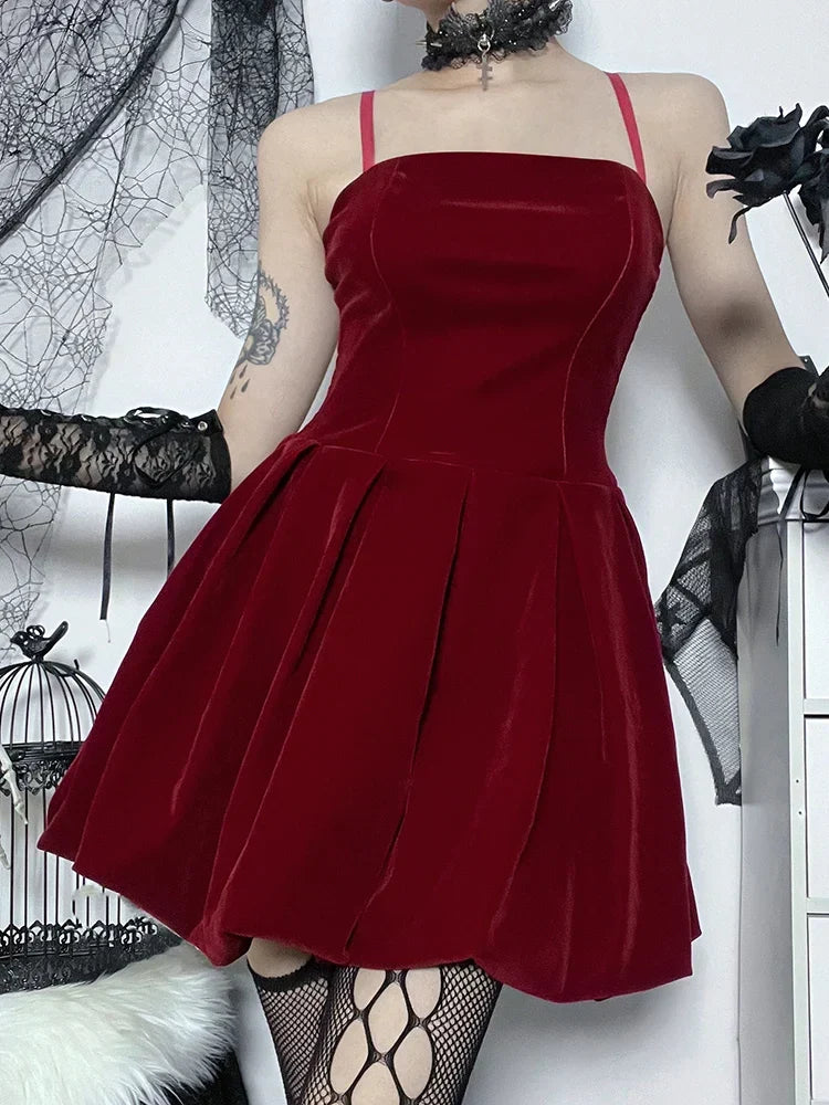 Velvet Square Neck Spaghetti Strap Pleated Bubble Hem Mini Dress