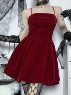 Velvet Square Neck Spaghetti Strap Pleated Bubble Hem Mini Dress
