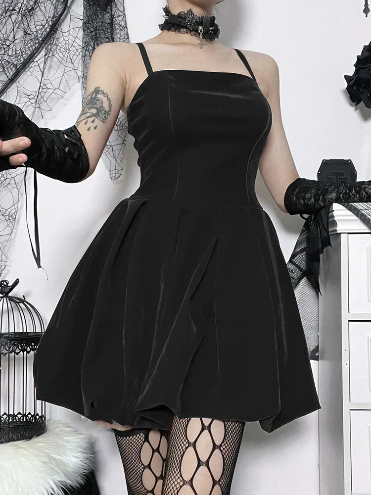 Velvet Square Neck Spaghetti Strap Pleated Bubble Hem Mini Dress