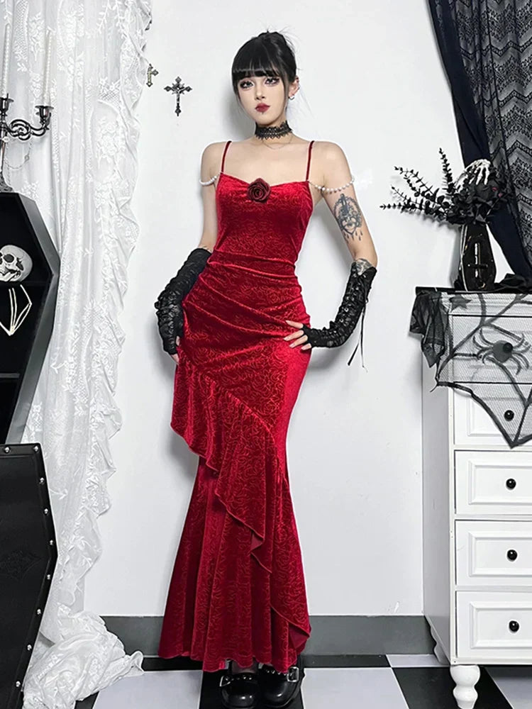 Floral Embossed Velvet Ruched Mermaid Gown with Pearl Shoulder Chains and Lace Up Arm Warmers Set