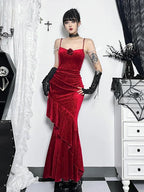 Floral Embossed Velvet Ruched Mermaid Gown with Pearl Shoulder Chains and Lace Up Arm Warmers Set