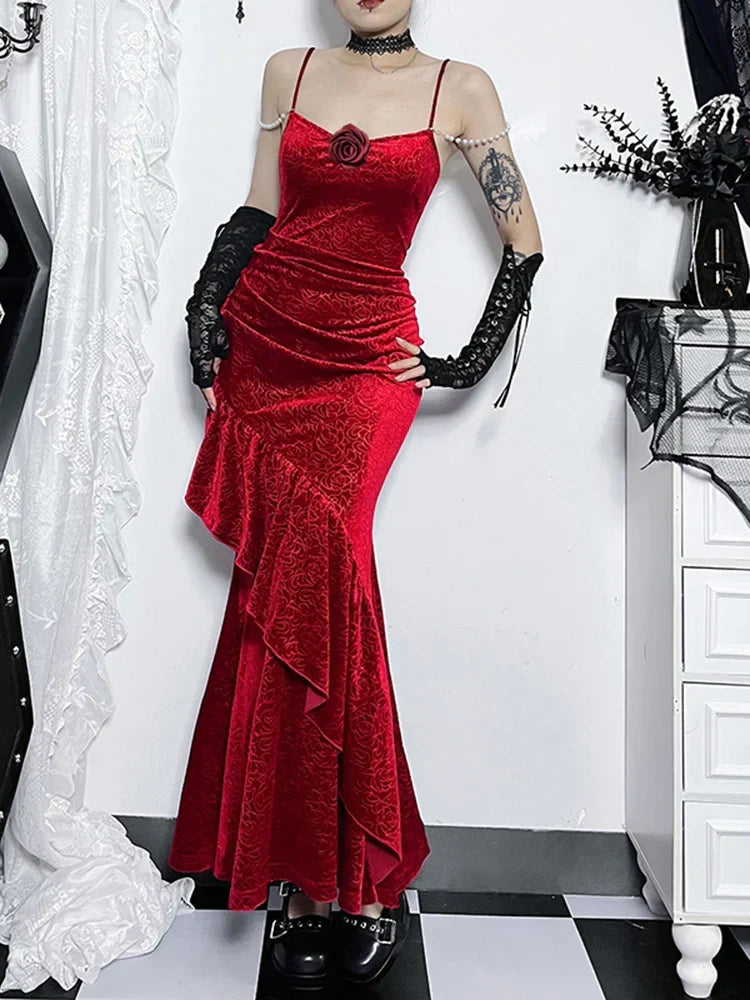 Floral Embossed Velvet Ruched Mermaid Gown with Pearl Shoulder Chains and Lace Up Arm Warmers Set