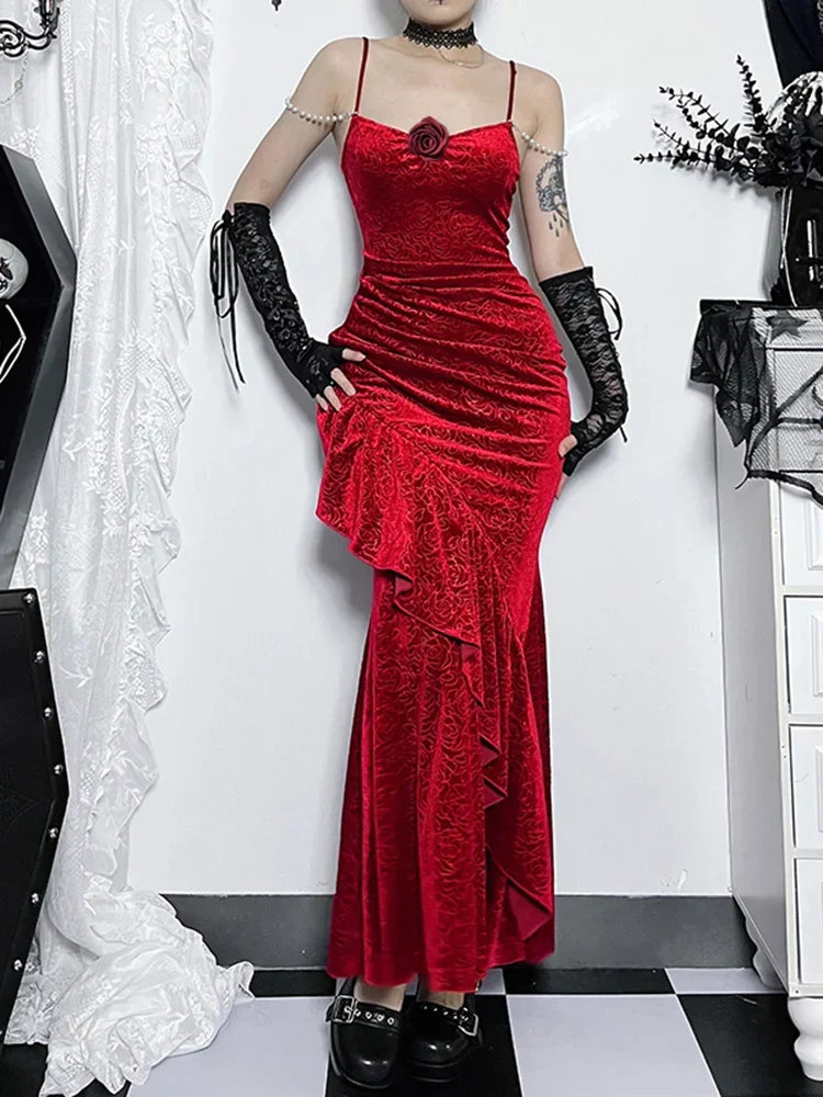 Floral Embossed Velvet Ruched Mermaid Gown with Pearl Shoulder Chains and Lace Up Arm Warmers Set