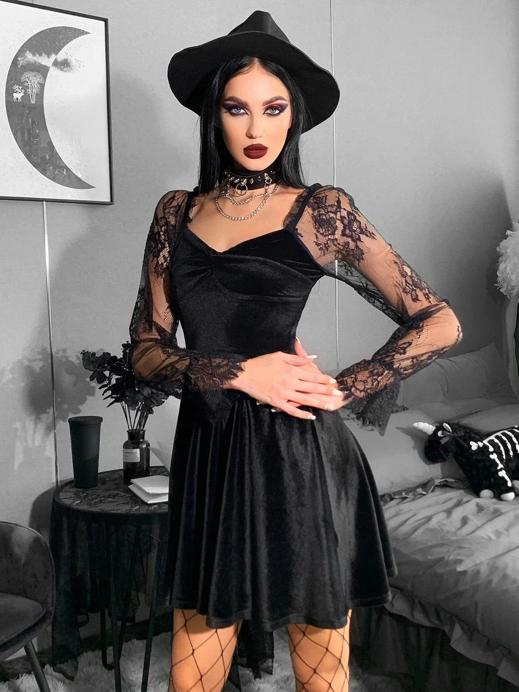 Velvet Sweetheart Twist Front Lace Sleeve Flared Mini Dress