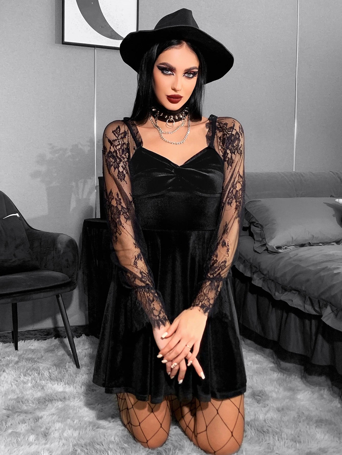 Velvet Sweetheart Twist Front Lace Sleeve Flared Mini Dress