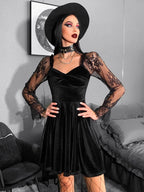 Velvet Sweetheart Twist Front Lace Sleeve Flared Mini Dress