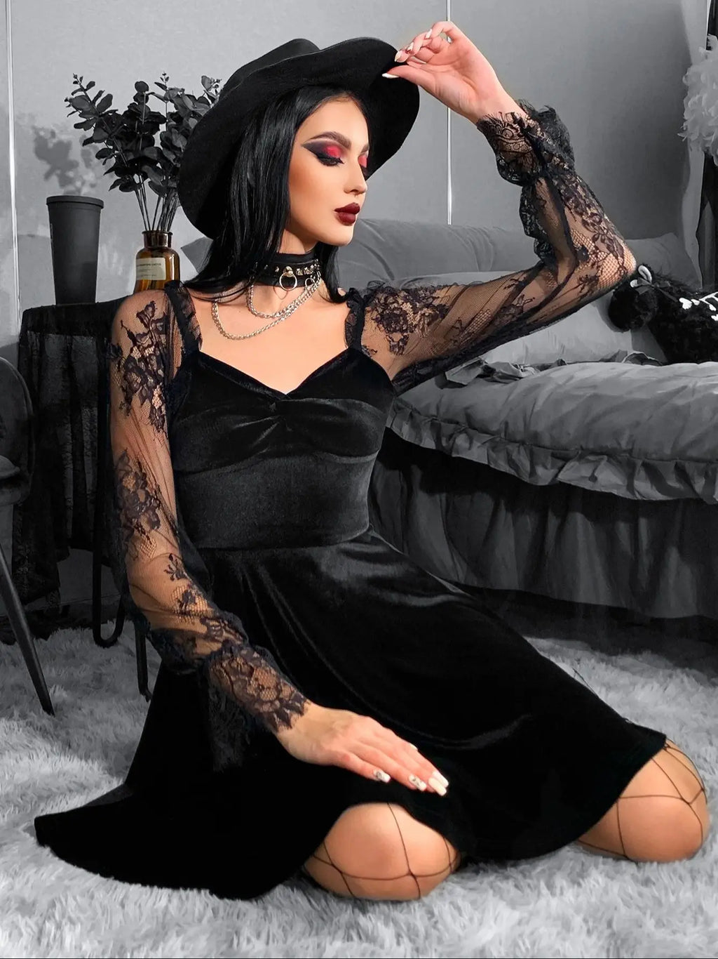 Velvet Sweetheart Twist Front Lace Sleeve Flared Mini Dress
