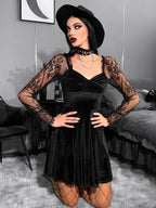 Velvet Sweetheart Twist Front Lace Sleeve Flared Mini Dress