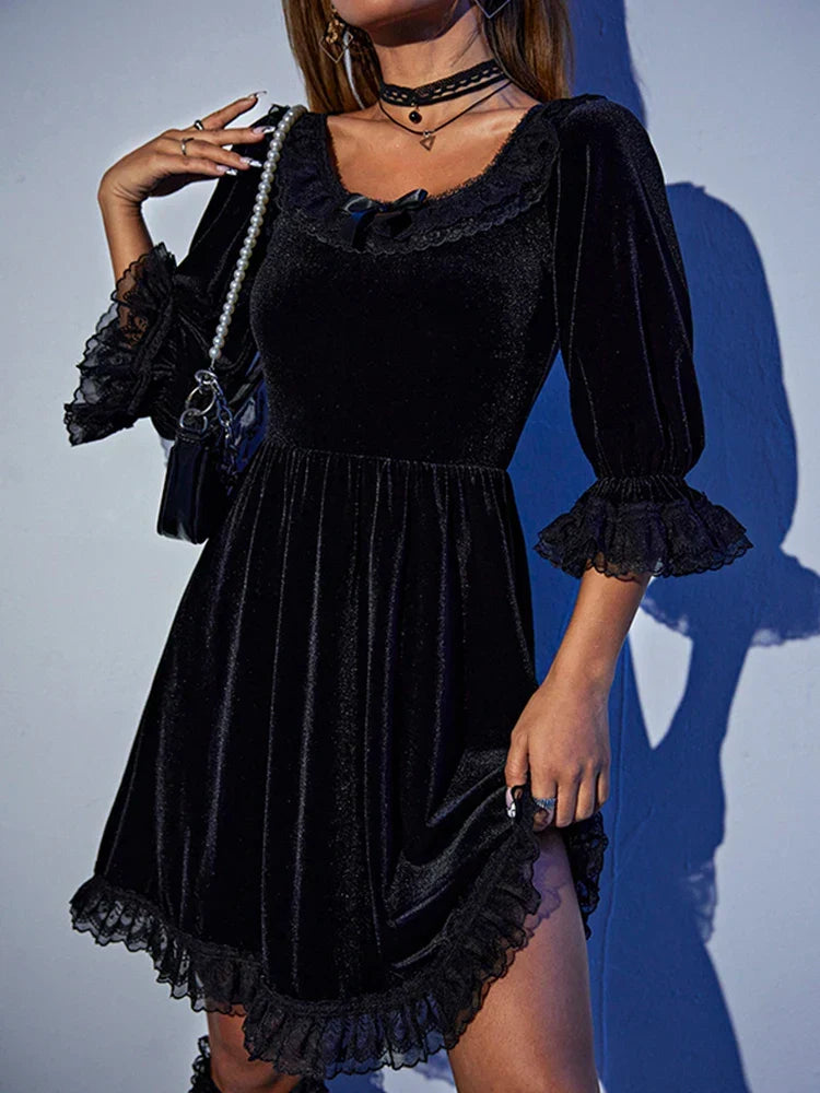 Velvet Square Neck Lace Trim Bell Sleeve Ruffle Hem Babydoll Mini Dress