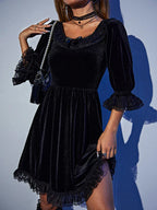 Velvet Square Neck Lace Trim Bell Sleeve Ruffle Hem Babydoll Mini Dress