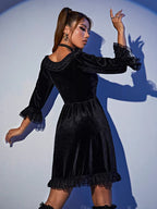 Velvet Square Neck Lace Trim Bell Sleeve Ruffle Hem Babydoll Mini Dress