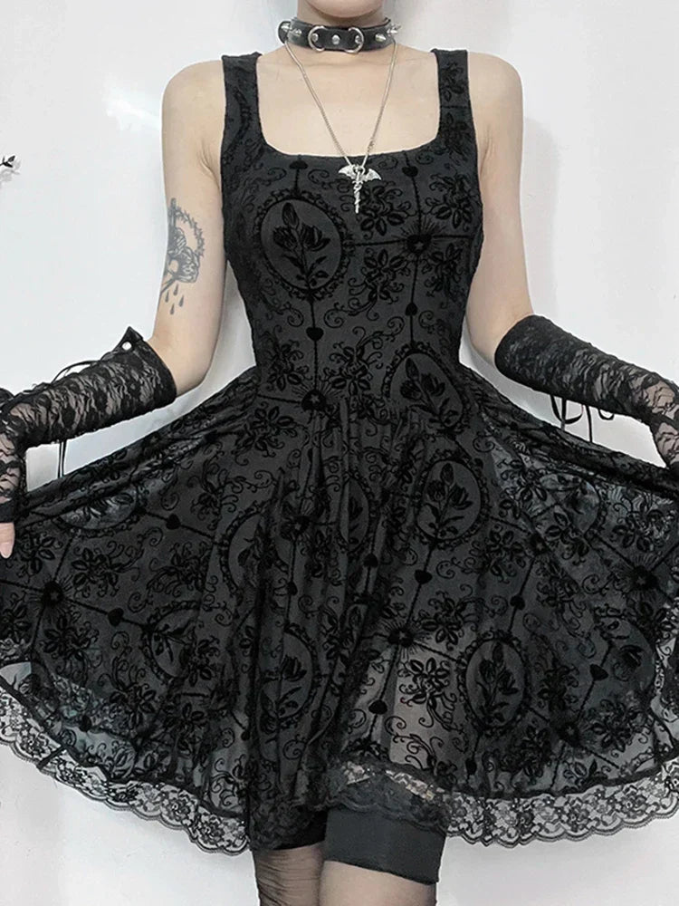 Gothic Jacquard Square Neck Lace Trim Fit and Flare Mini Dress