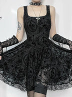 Gothic Jacquard Square Neck Lace Trim Fit and Flare Mini Dress