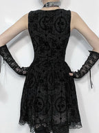 Gothic Jacquard Square Neck Lace Trim Fit and Flare Mini Dress