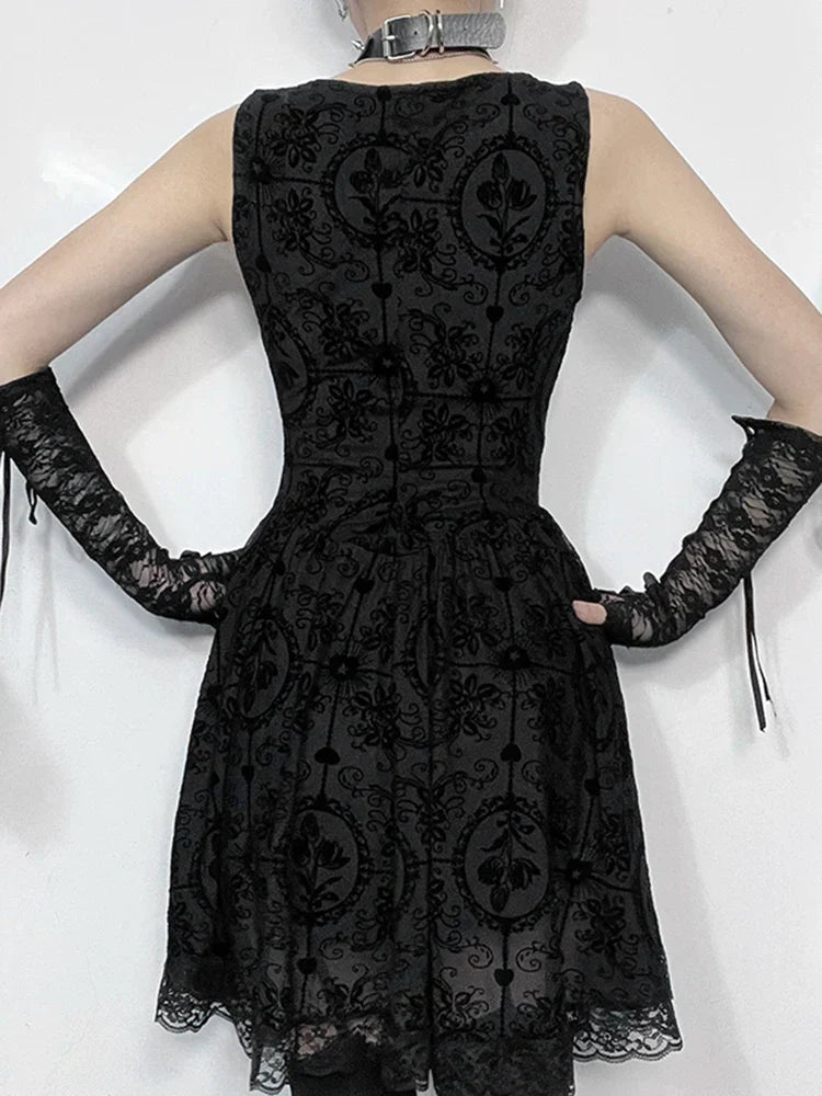 Gothic Jacquard Square Neck Lace Trim Fit and Flare Mini Dress