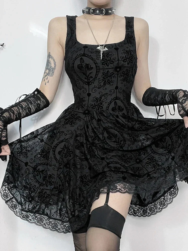 Gothic Jacquard Square Neck Lace Trim Fit and Flare Mini Dress
