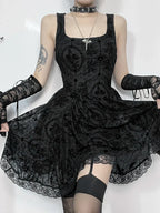 Gothic Jacquard Square Neck Lace Trim Fit and Flare Mini Dress