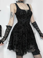 Gothic Jacquard Square Neck Lace Trim Fit and Flare Mini Dress