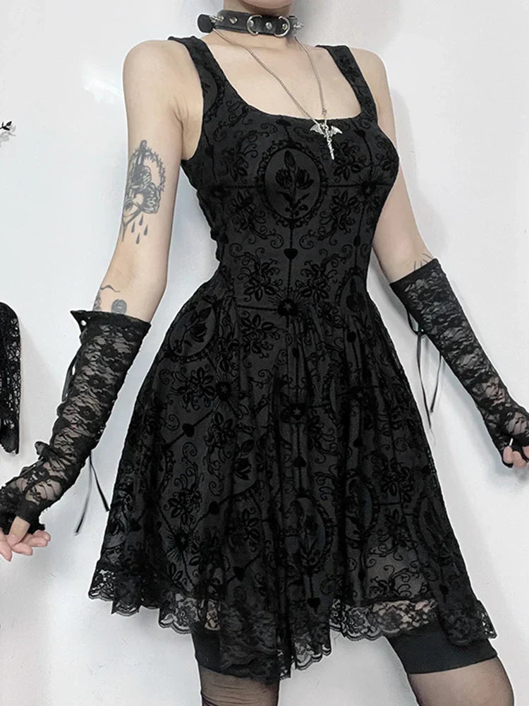 Gothic Jacquard Square Neck Lace Trim Fit and Flare Mini Dress