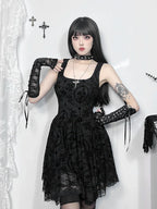 Gothic Jacquard Square Neck Lace Trim Fit and Flare Mini Dress