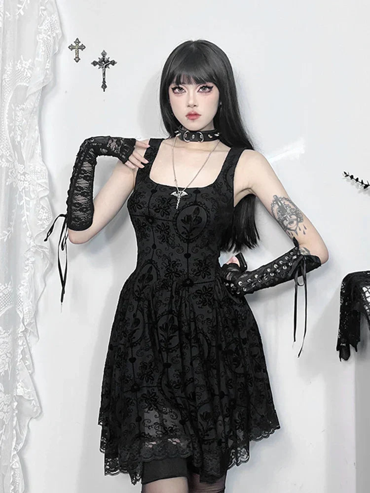 Gothic Jacquard Square Neck Lace Trim Fit and Flare Mini Dress