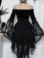 Velvet Cold Shoulder Halter Keyhole Lace Bell Sleeve Tiered Mini Dress
