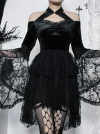Velvet Cold Shoulder Halter Keyhole Lace Bell Sleeve Tiered Mini Dress