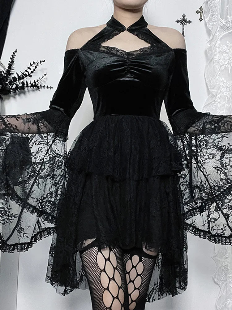 Velvet Cold Shoulder Halter Keyhole Lace Bell Sleeve Tiered Mini Dress
