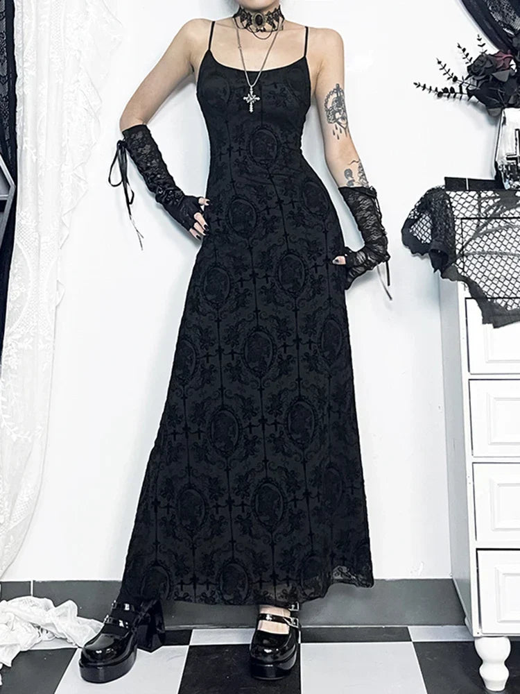 Jacquard Cross Print Spaghetti Strap Bodycon Maxi Dress