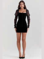 Square Neck Lace Trim Velvet Mesh Puff Sleeve Tie Front Bodycon Mini Dress