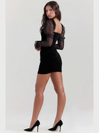 Square Neck Lace Trim Velvet Mesh Puff Sleeve Tie Front Bodycon Mini Dress