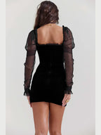 Square Neck Lace Trim Velvet Mesh Puff Sleeve Tie Front Bodycon Mini Dress
