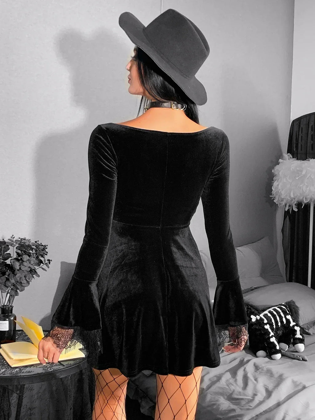 Velvet Square Neck Lace Cuff Flared Mini Dress