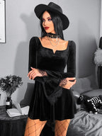 Velvet Square Neck Lace Cuff Flared Mini Dress