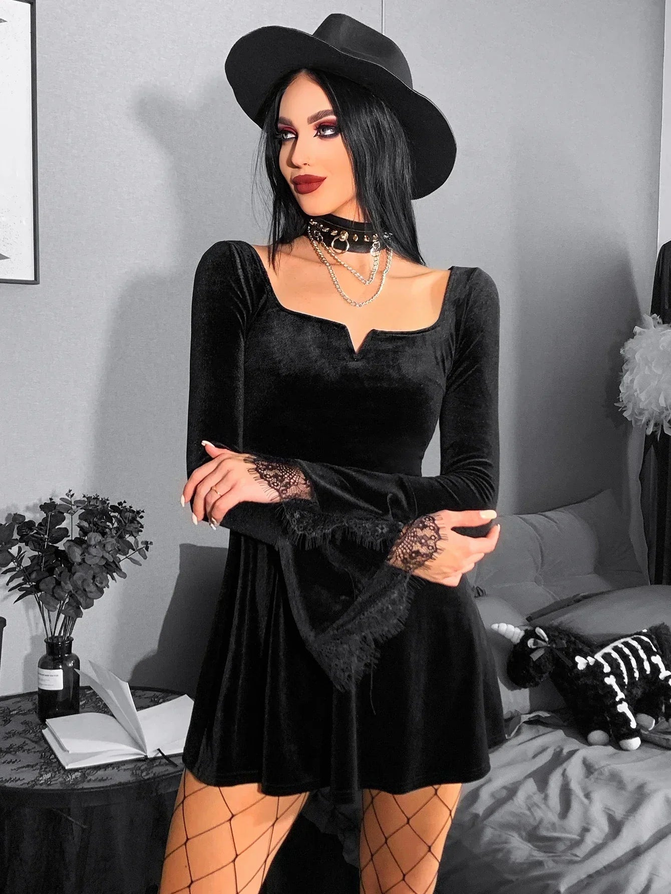 Velvet Square Neck Lace Cuff Flared Mini Dress