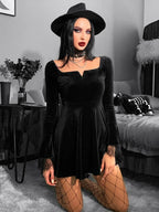 Velvet Square Neck Lace Cuff Flared Mini Dress