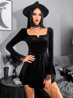 Velvet Square Neck Lace Cuff Flared Mini Dress