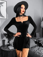 Velvet Square Neck Lace Cuff Flared Mini Dress