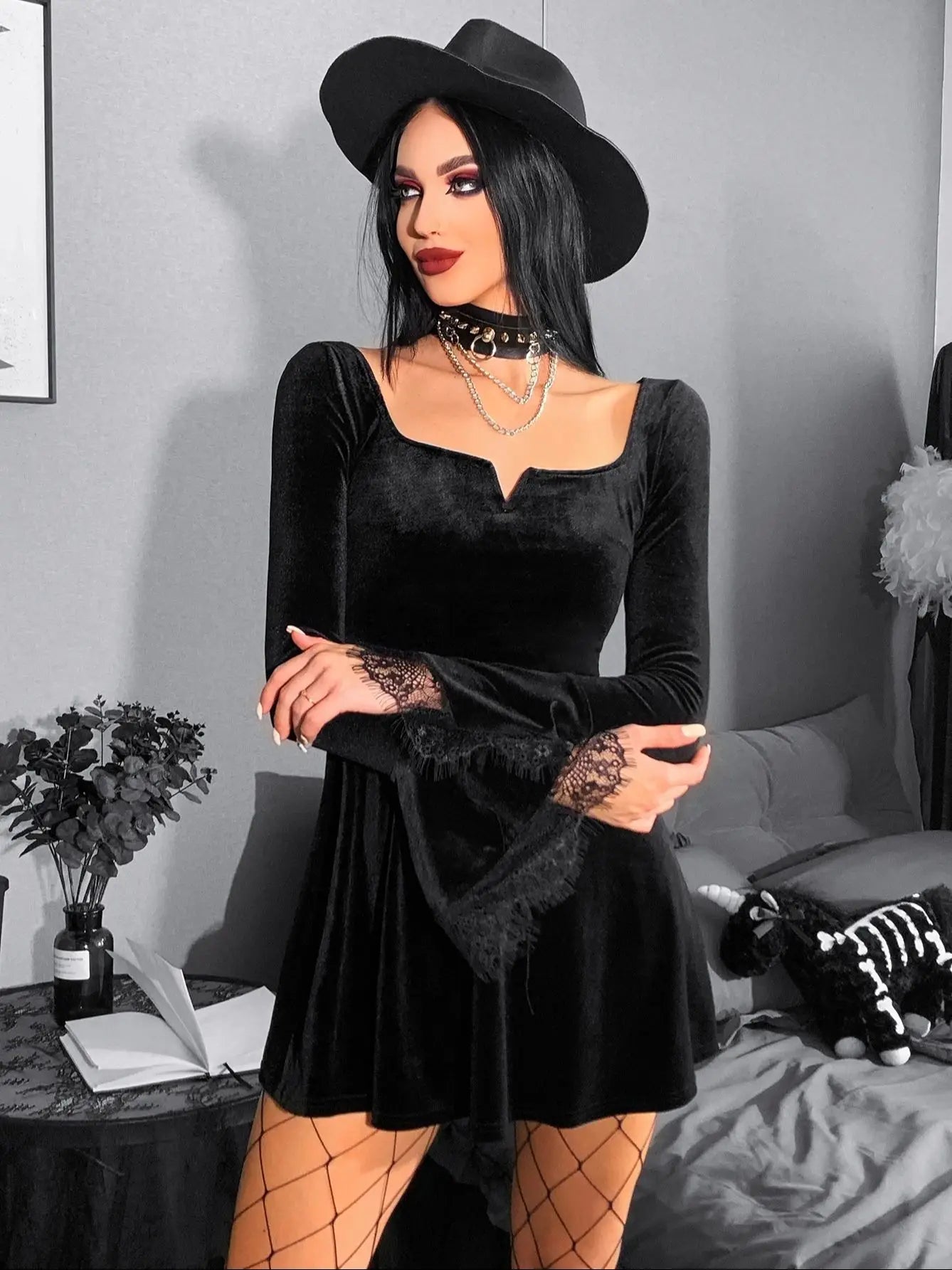 Velvet Square Neck Lace Cuff Flared Mini Dress