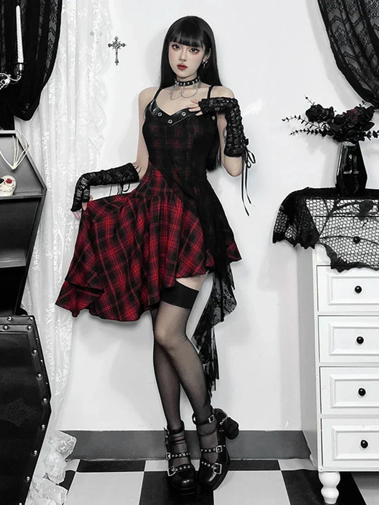 Plaid Patchwork Grommet Trim Asymmetrical Hem Lace Panel Camisole Mini Dress