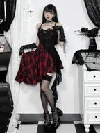 Plaid Patchwork Grommet Trim Asymmetrical Hem Lace Panel Camisole Mini Dress